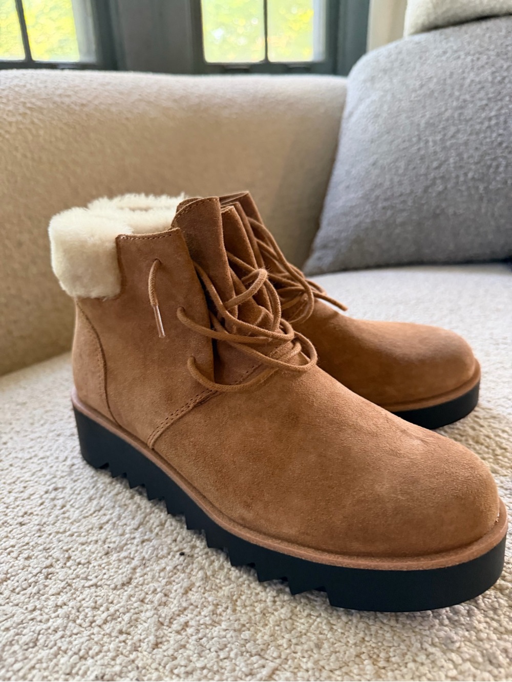 Eileen Fisher Tan Suede Lace-Up Ankle Booties with Shearling Cuff